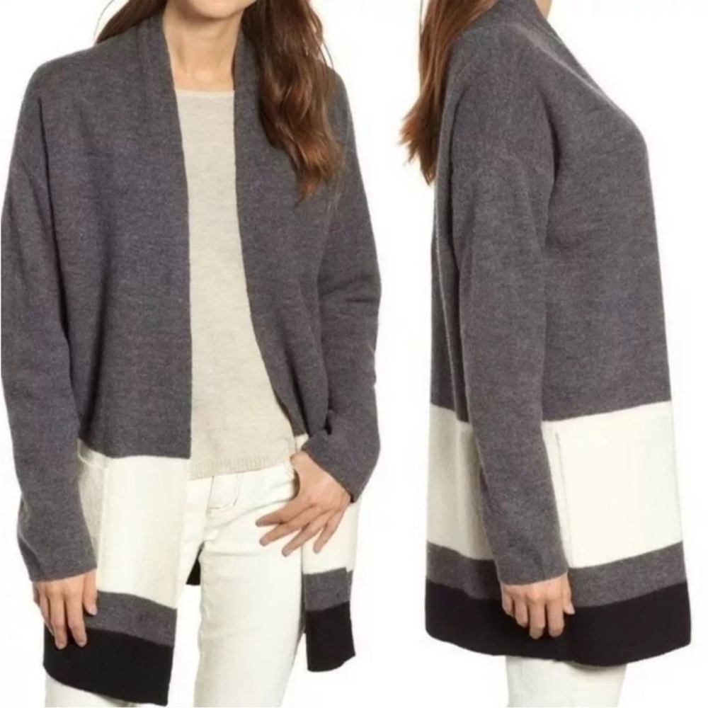 Eileen Fisher Gray, Cream & Black Open Front Colorblock Cardigan